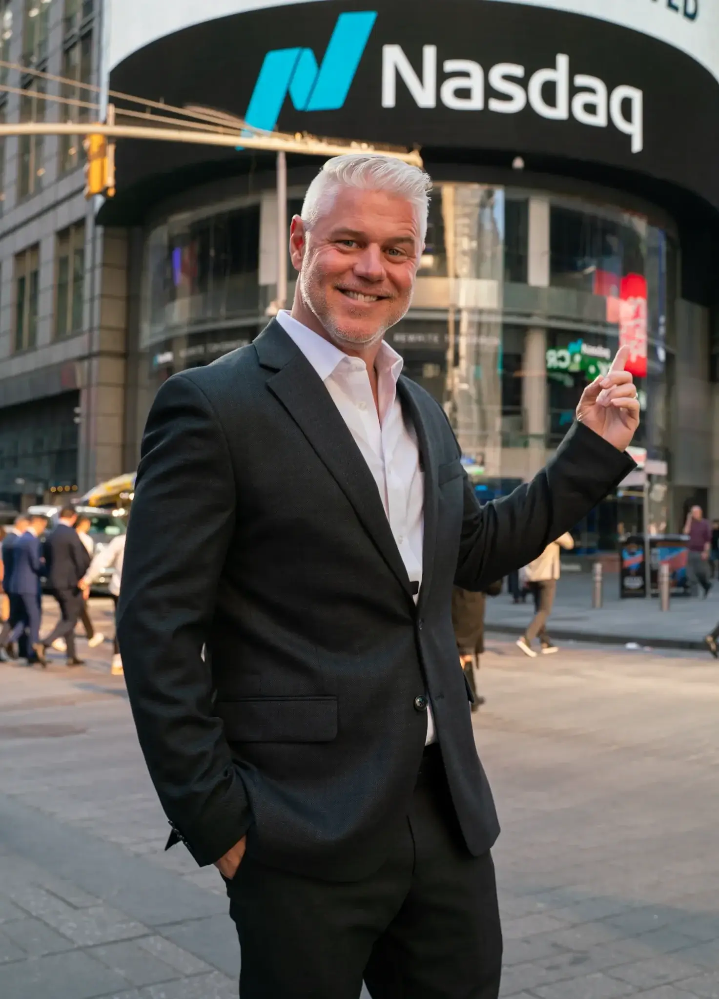 Chris Graebe outside the Nasdaq building in Times Square